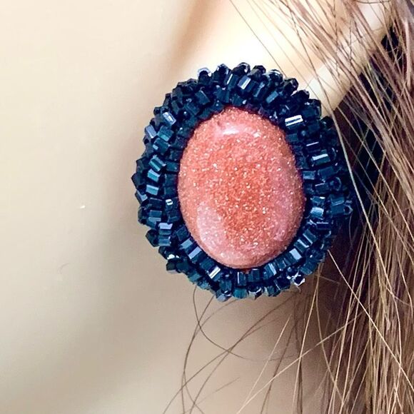 Hand beaded goldstone black glass bugle bead earrings pierced artist made - Picture 6 of 13